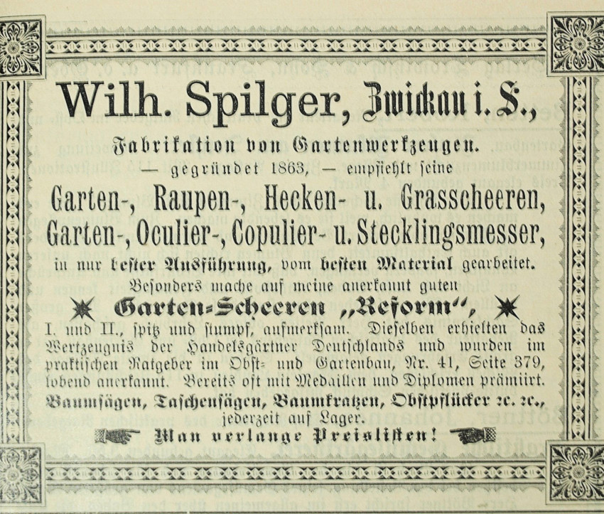 Anzeige Wilhelm Spilger, Zwickau