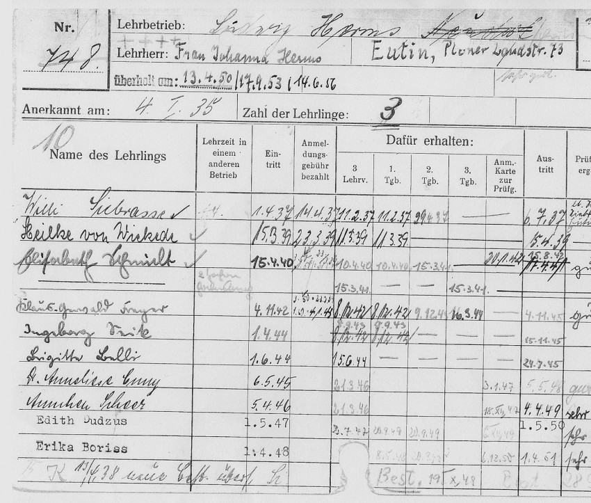 Meldekarte 1956 zum Lehrlingsstatus bei Herms. »Lehrherr« ist Johanna Herms  